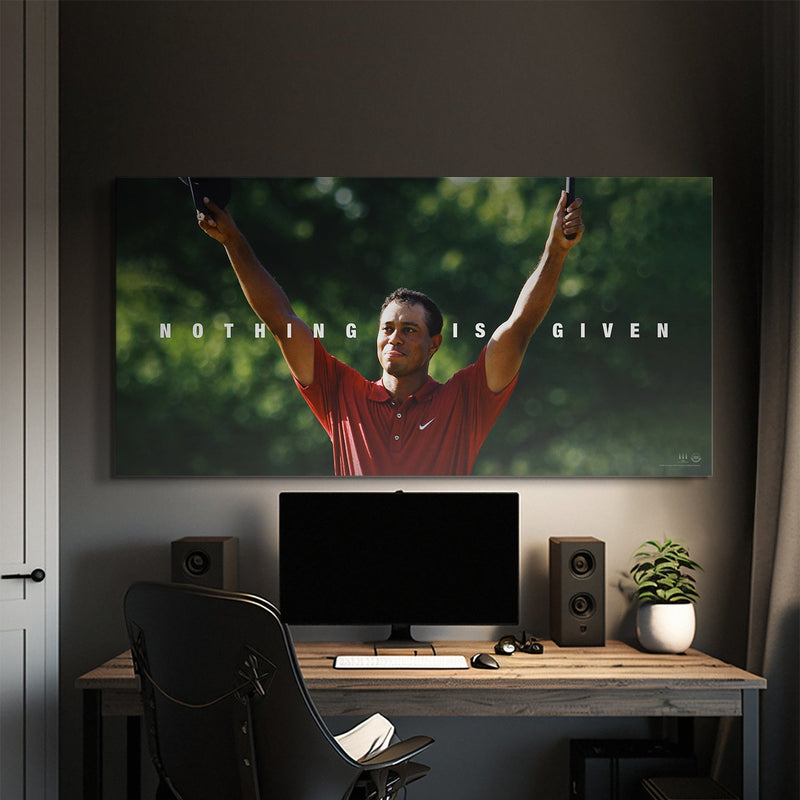 Tiger Woods Nothing Is Given office wall decor lifestyle display – golf canvas wall art by Wall Art Go – image 1