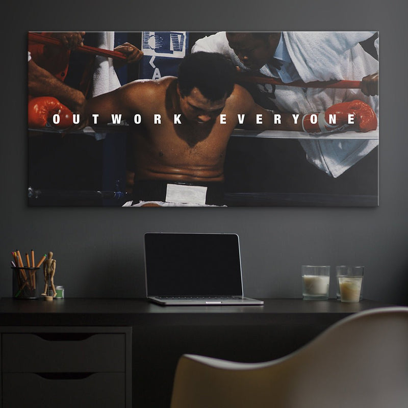 Muhammad Ali Outwork Everyone - 2 lifestyle room display - boxing canvas wall art by Wall Art Go - image 1